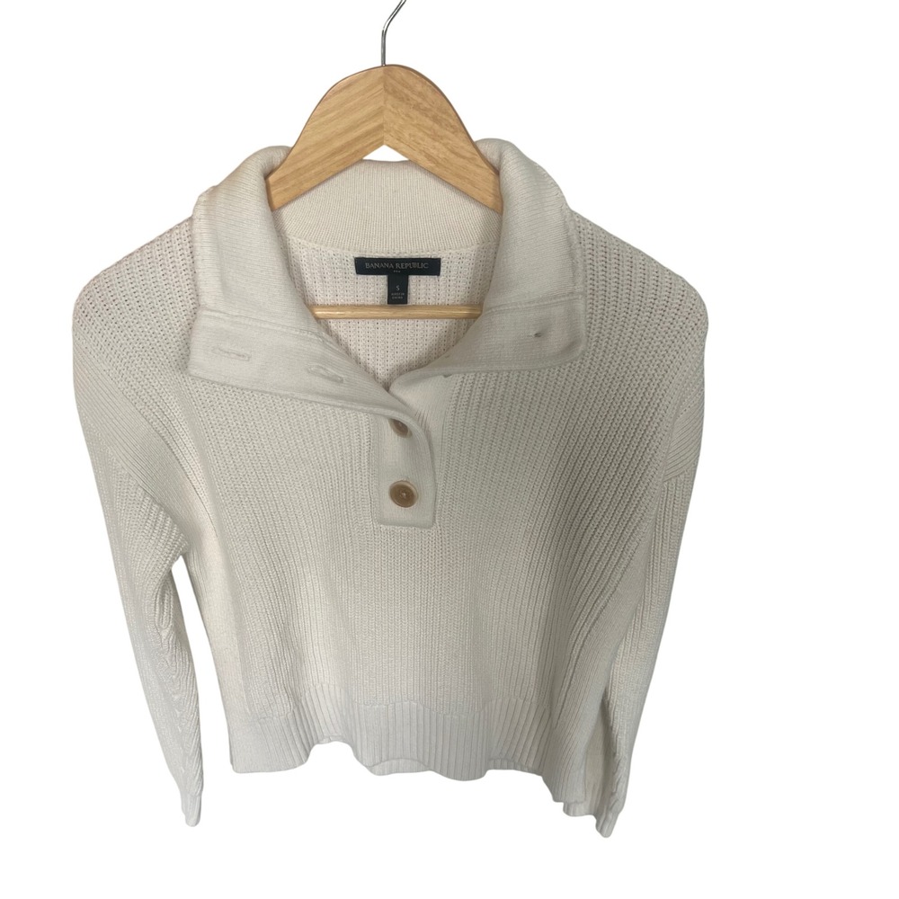 Banana Republic White Ribbed Knit Sweater Chunky Fisherman Polo Style Henley S